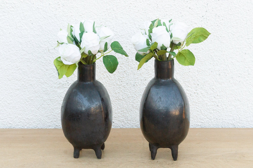 Pair of Vintage Oaxacan Black Clay Vases