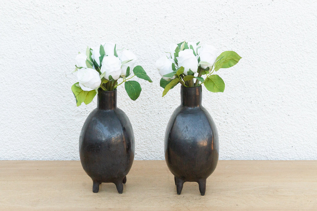 Pair of Vintage Oaxacan Black Clay Vases