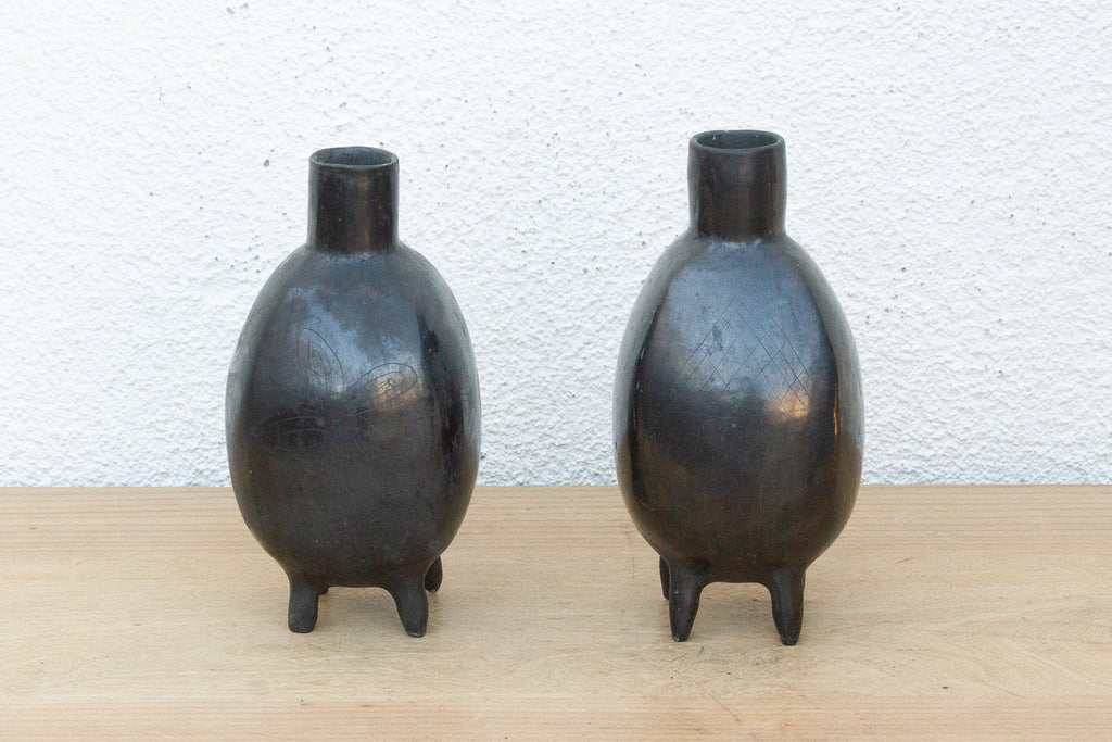 Pair of Vintage Oaxacan Black Clay Vases