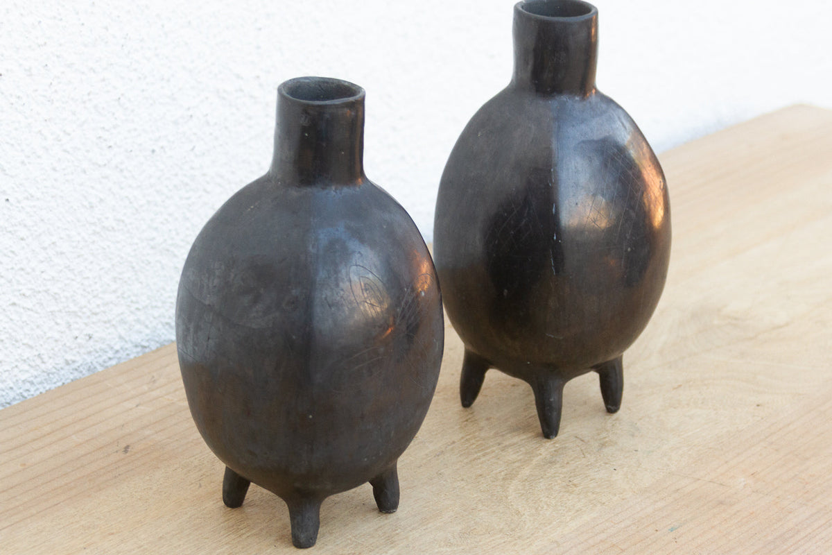 Pair of Vintage Oaxacan Black Clay Vases