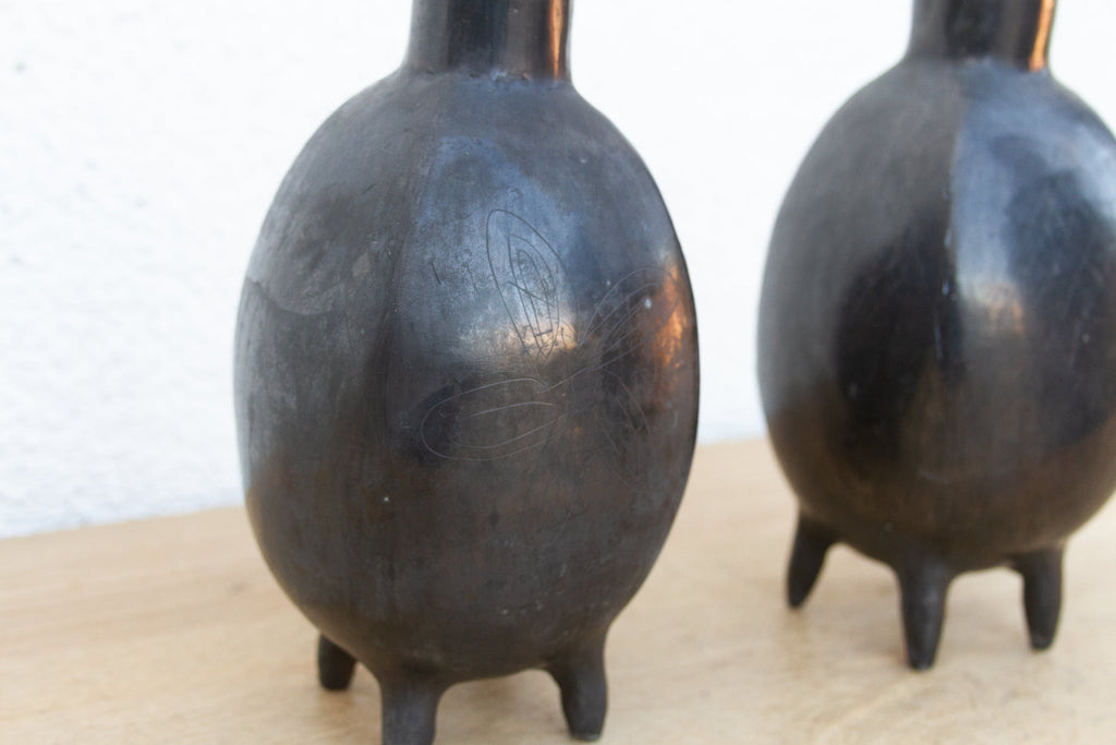 Pair of Vintage Oaxacan Black Clay Vases