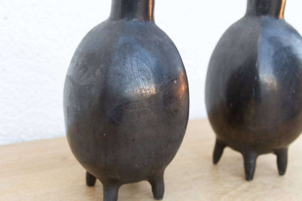 Pair of Vintage Oaxacan Black Clay Vases