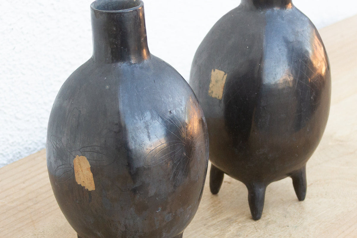 Pair of Vintage Oaxacan Black Clay Vases