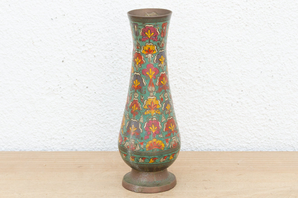 Mid-Century Etched Brass & Enamel Vase