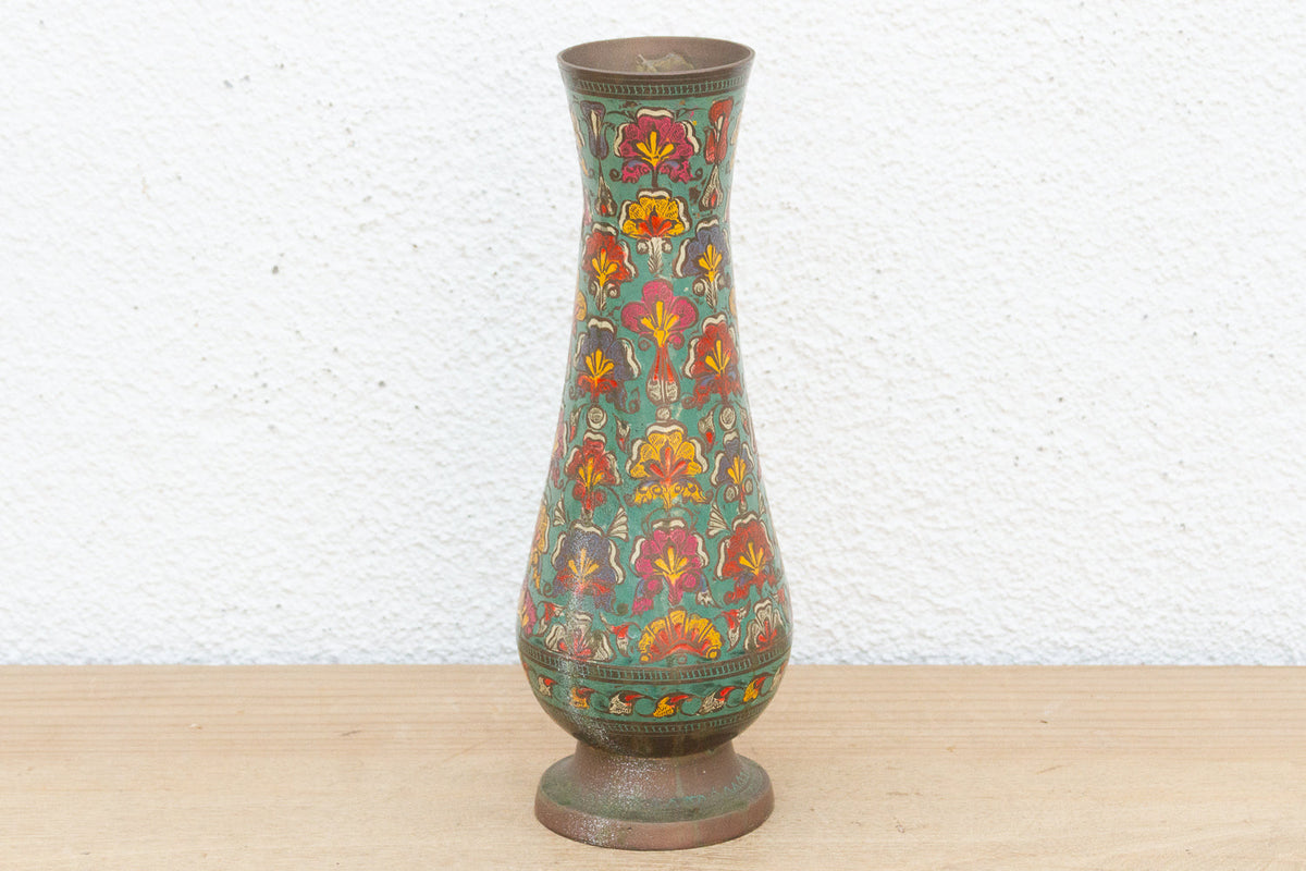 Mid-Century Etched Brass & Enamel Vase