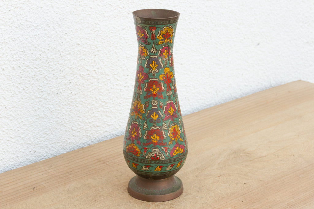 Mid-Century Etched Brass & Enamel Vase