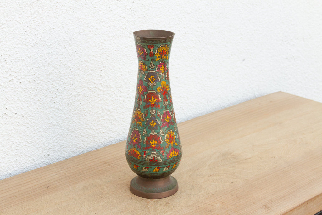 Mid-Century Etched Brass & Enamel Vase