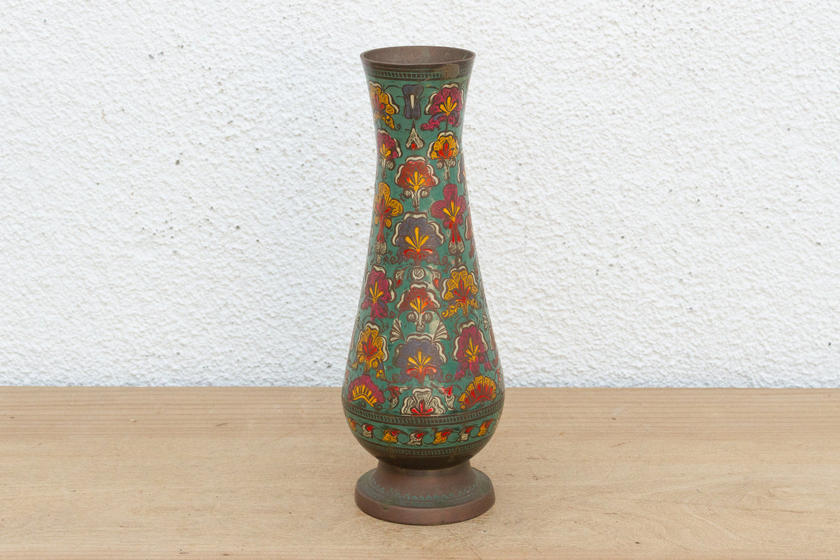 Mid-Century Etched Brass & Enamel Vase