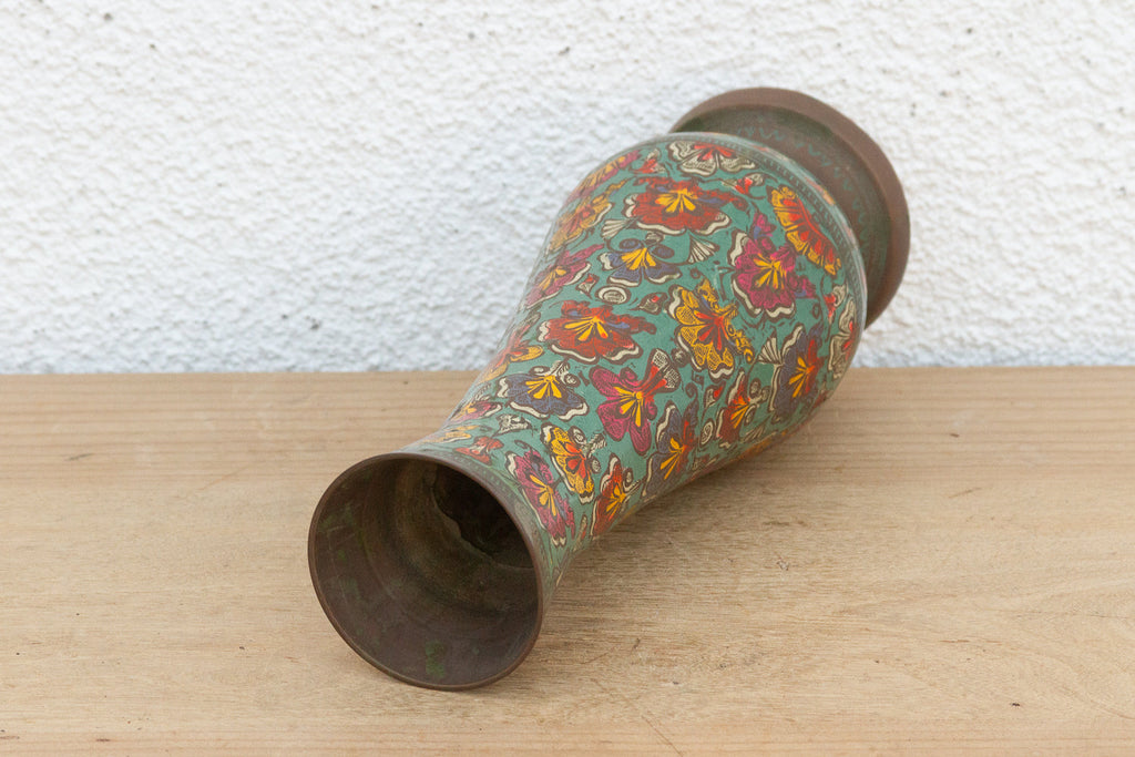 Mid-Century Etched Brass & Enamel Vase