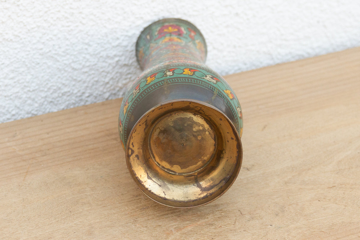 Mid-Century Etched Brass & Enamel Vase