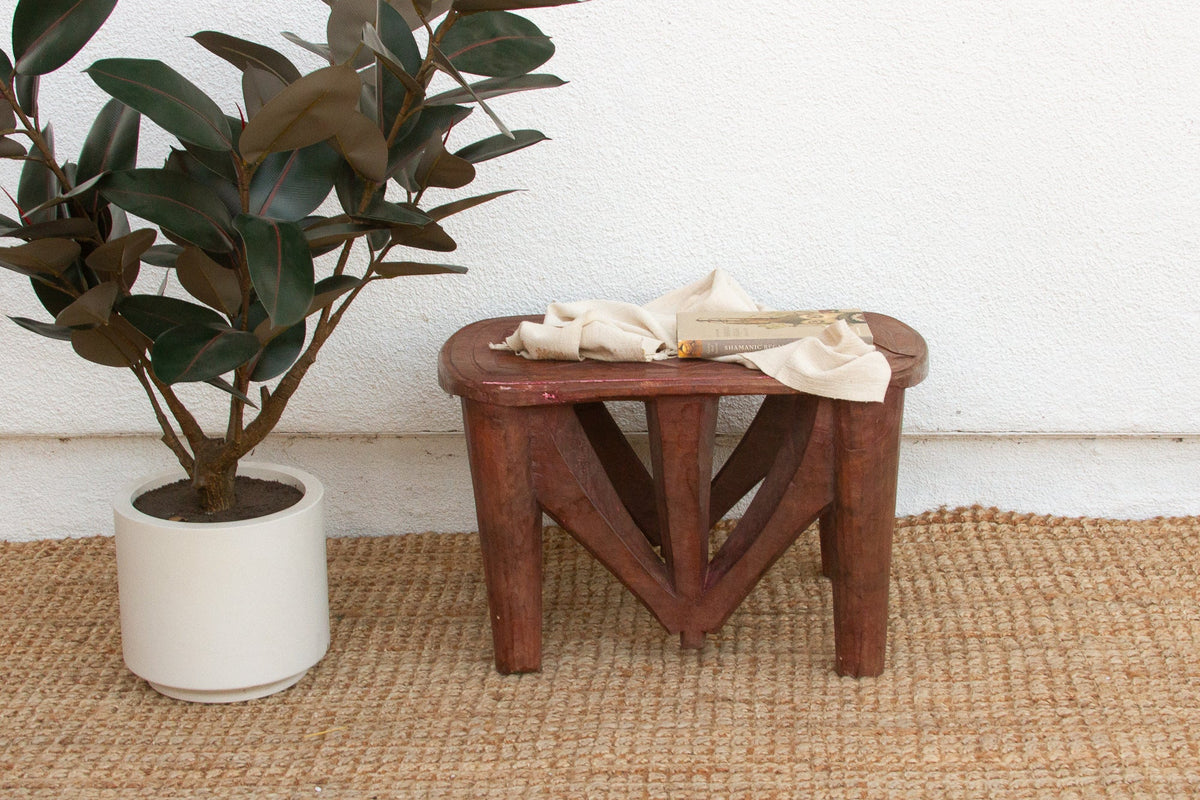 Handcarved Nupe Side Table, Geometric Top