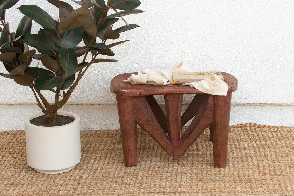 Handcarved Nupe Side Table, Geometric Top