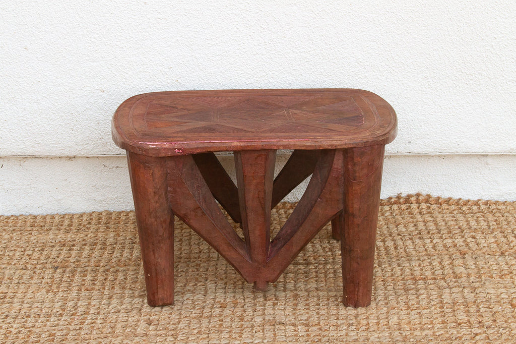 Handcarved Nupe Side Table, Geometric Top