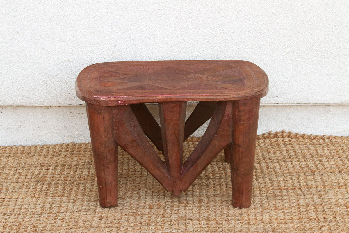 Handcarved Nupe Side Table, Geometric Top