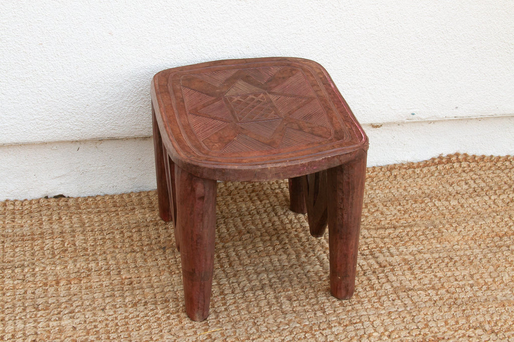 Handcarved Nupe Side Table, Geometric Top