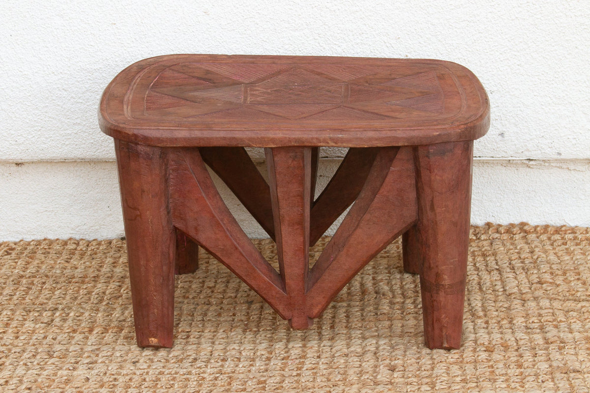 Handcarved Nupe Side Table, Geometric Top