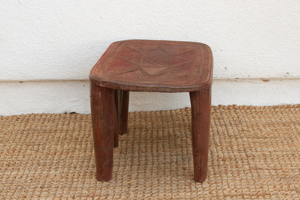 Handcarved Nupe Side Table, Geometric Top