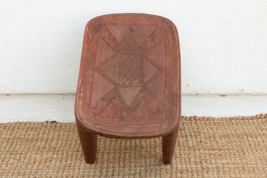 Handcarved Nupe Side Table, Geometric Top