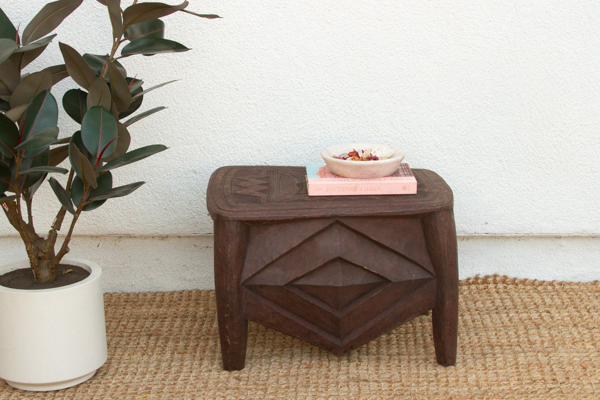 Diamond Base Carved African End Table