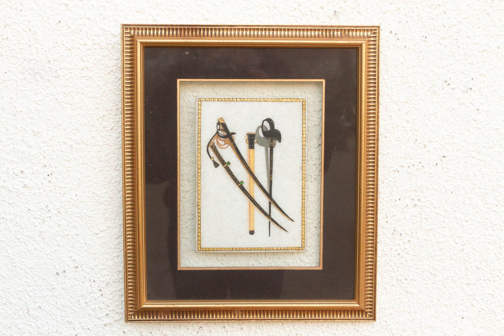 Vintage Indian Framed Art Ceremonial Crossed Swords