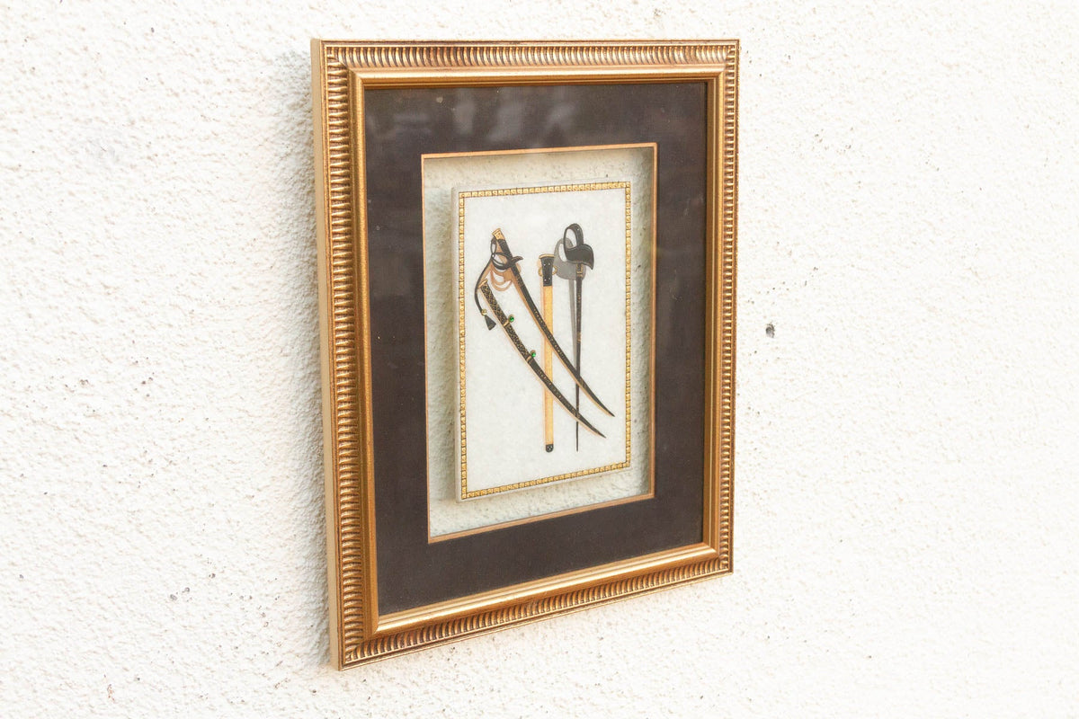 Vintage Indian Framed Art Ceremonial Crossed Swords