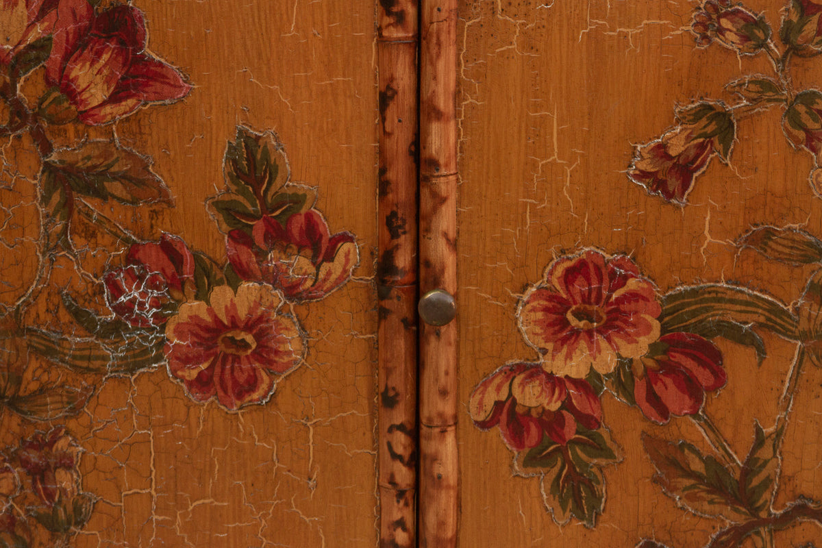Vintage Bamboo Chinoiserie Cabinet w/Floral Applique