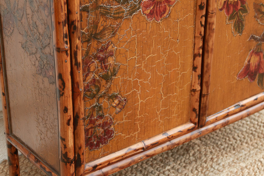 Vintage Bamboo Chinoiserie Cabinet w/Floral Applique