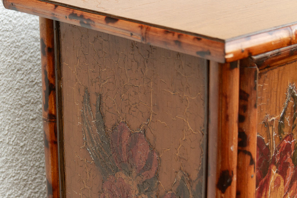 Vintage Bamboo Chinoiserie Cabinet w/Floral Applique