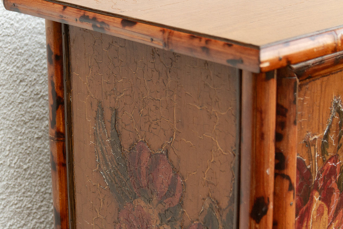 Vintage Bamboo Chinoiserie Cabinet w/Floral Applique