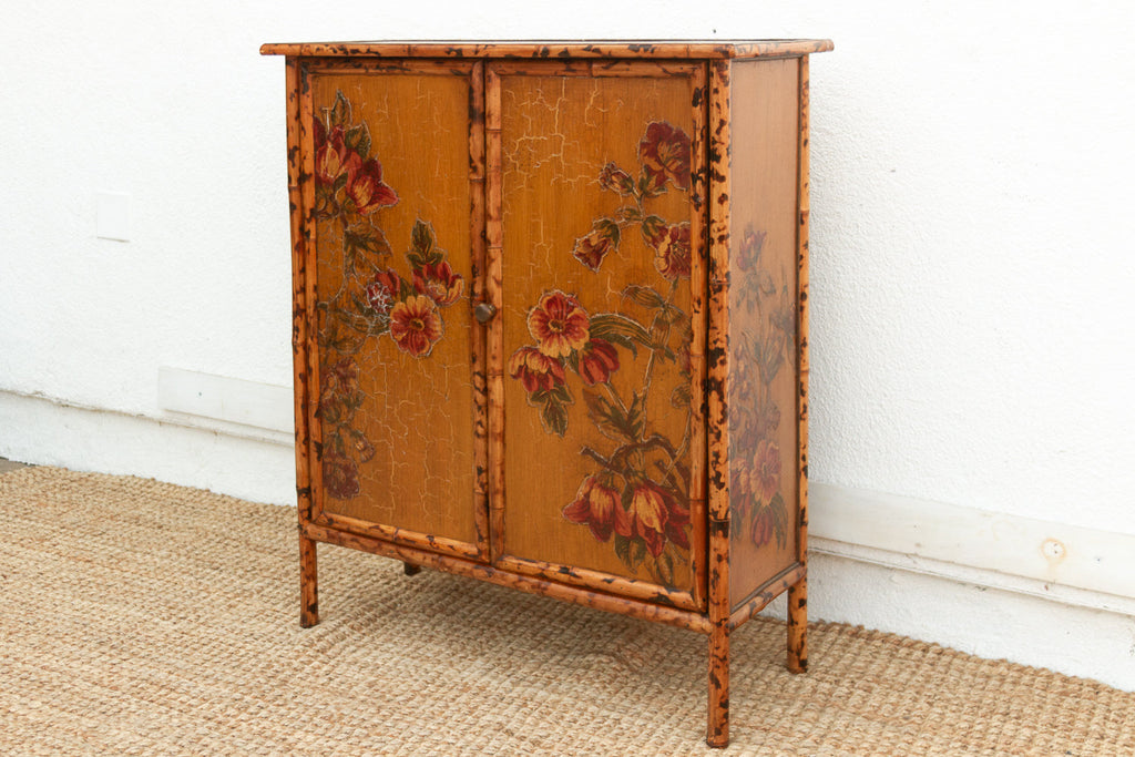 Vintage Bamboo Chinoiserie Cabinet w/Floral Applique