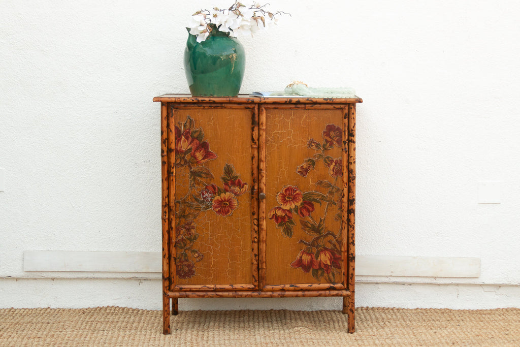 Vintage Bamboo Chinoiserie Cabinet w/Floral Applique