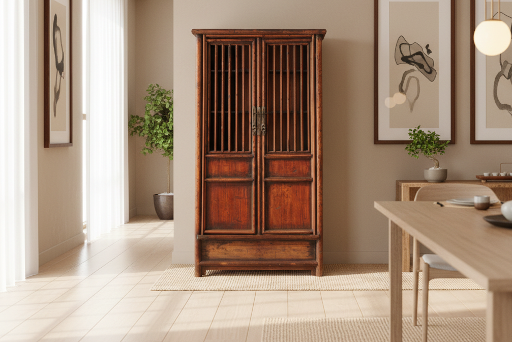 Tall Antique Chinese Lattice Noodle Cabinet
