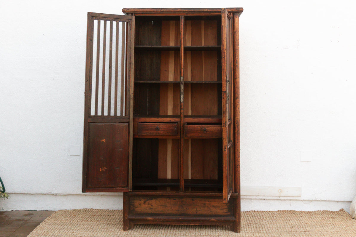Tall Antique Chinese Lattice Noodle Cabinet