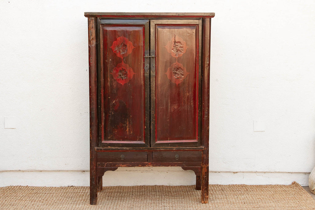 Antique Painted Medallions Red Lacquer Tall Cabinet (Trade)