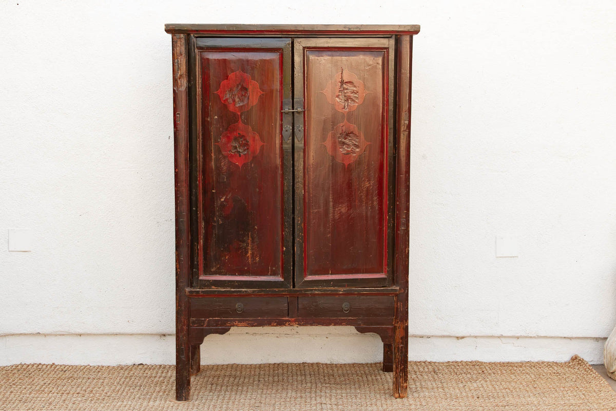 Antique Painted Medallions Red Lacquer Tall Cabinet (Trade)