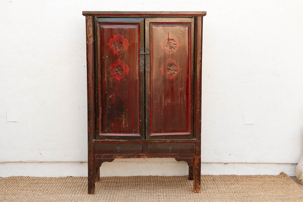 Antique Painted Medallions Red Lacquer Tall Cabinet