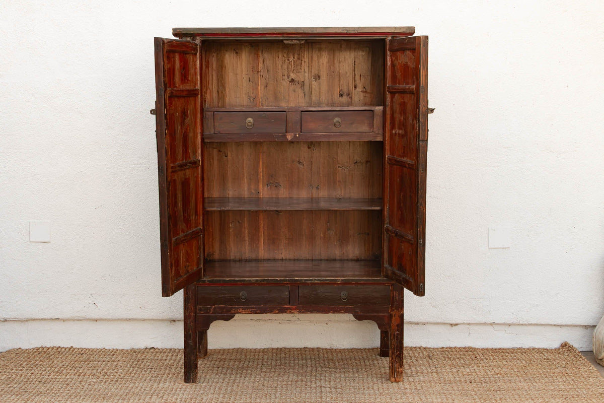 Antique Painted Medallions Red Lacquer Tall Cabinet