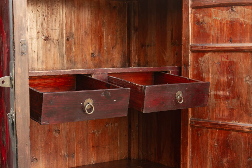 Antique Painted Medallions Red Lacquer Tall Cabinet