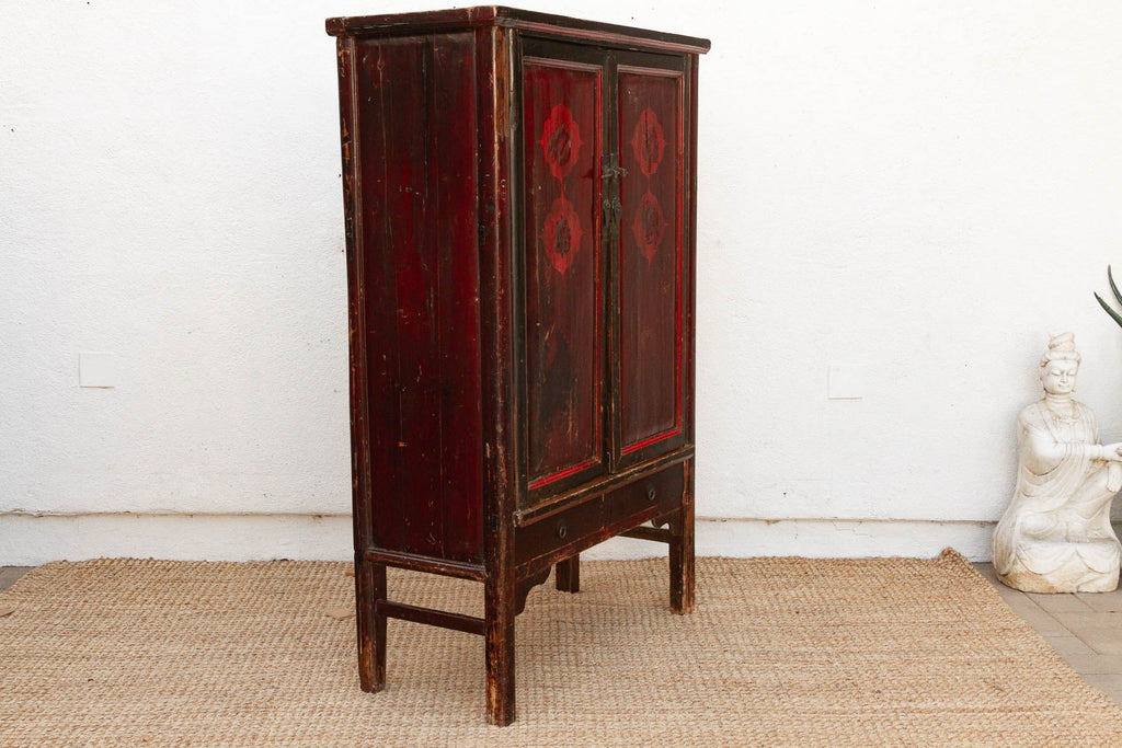 Antique Painted Medallions Red Lacquer Tall Cabinet