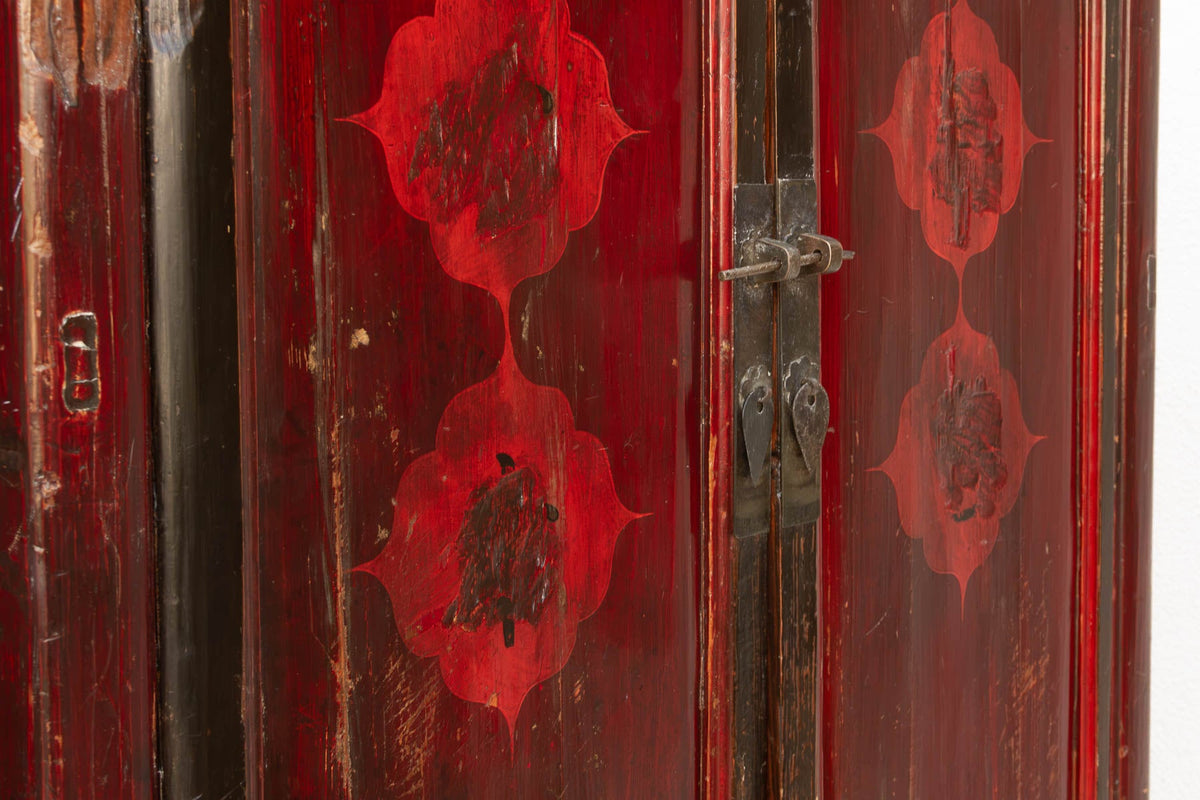 Antique Painted Medallions Red Lacquer Tall Cabinet (Trade)