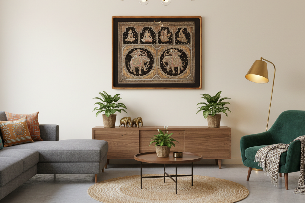 Large Framed Burmese Kalaga Elephants Tapestry