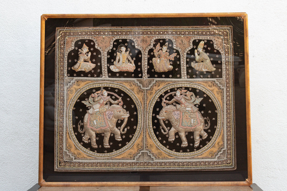 Large Framed Burmese Kalaga Elephants Tapestry