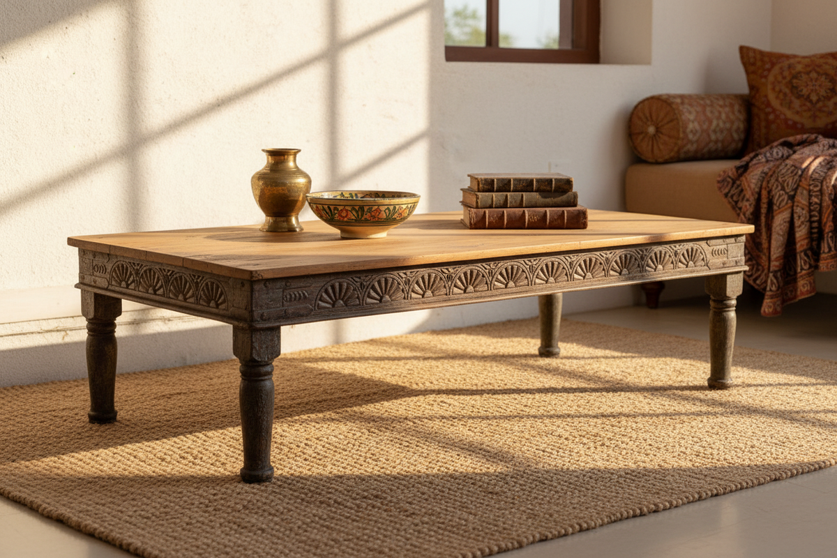 Long Antique Indian Takhat Teak Coffee Table