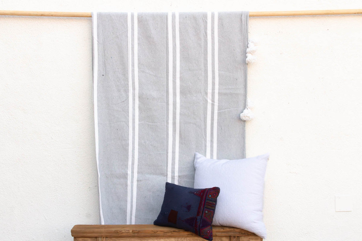 Dove Grey Striped Moroccan Pom Pom Blanket