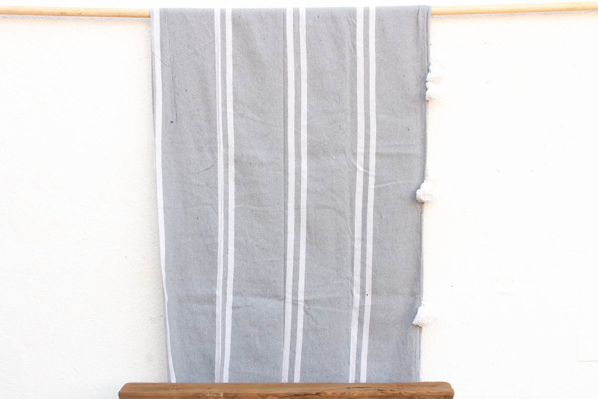 Dove Grey Striped Moroccan Pom Pom Blanket