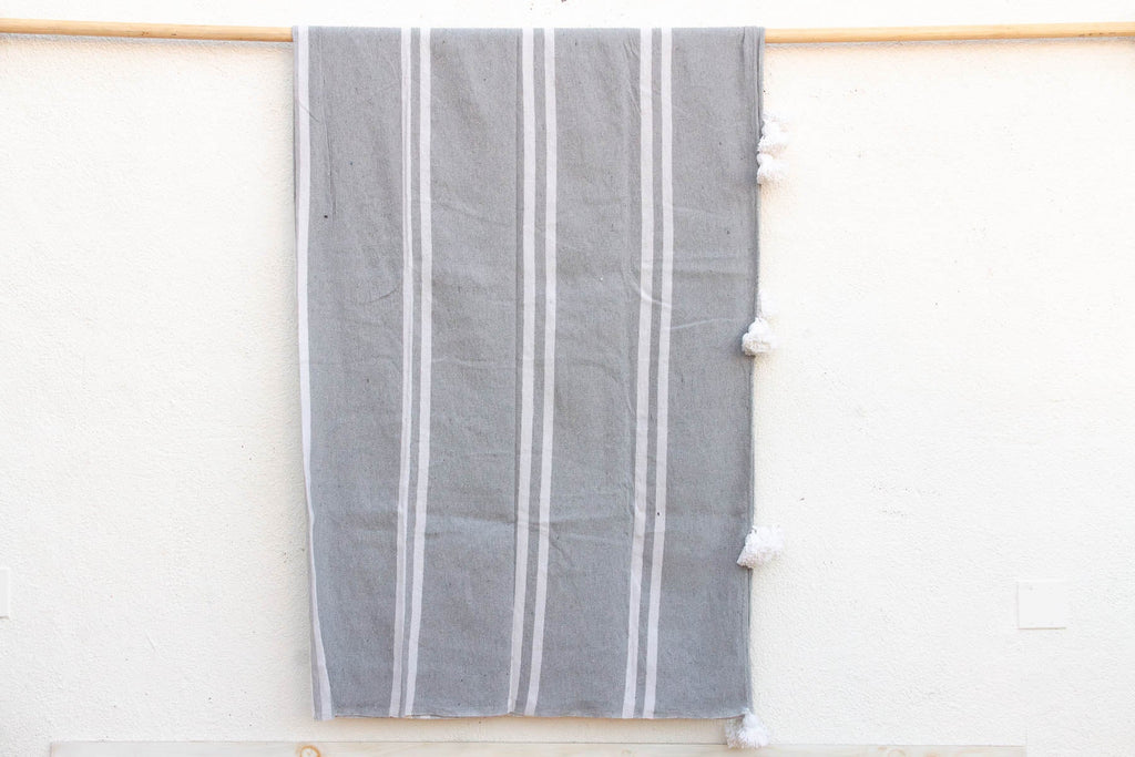 Dove Grey Striped Moroccan Pom Pom Blanket