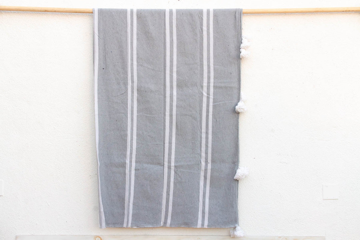Dove Grey Striped Moroccan Pom Pom Blanket