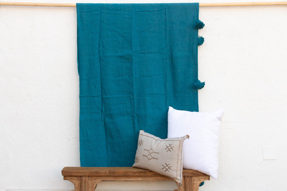 Peacock Blue Moroccan Pom Pom Blanket