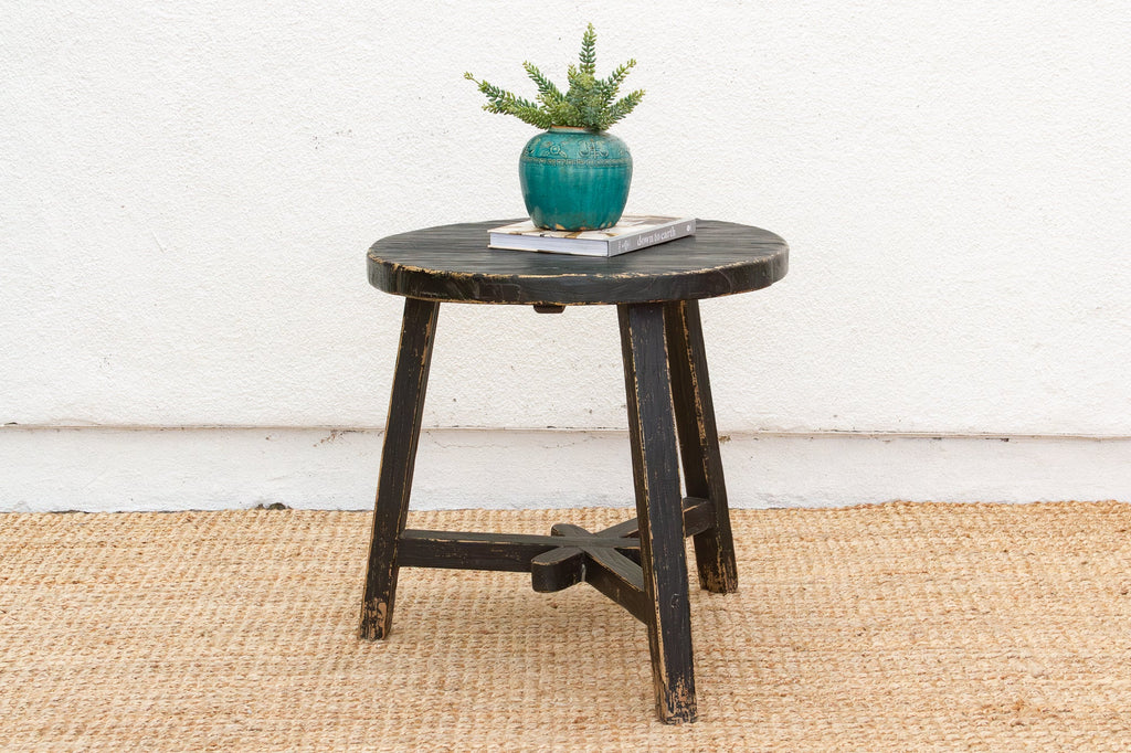 Distressed Black Round Bedside Table