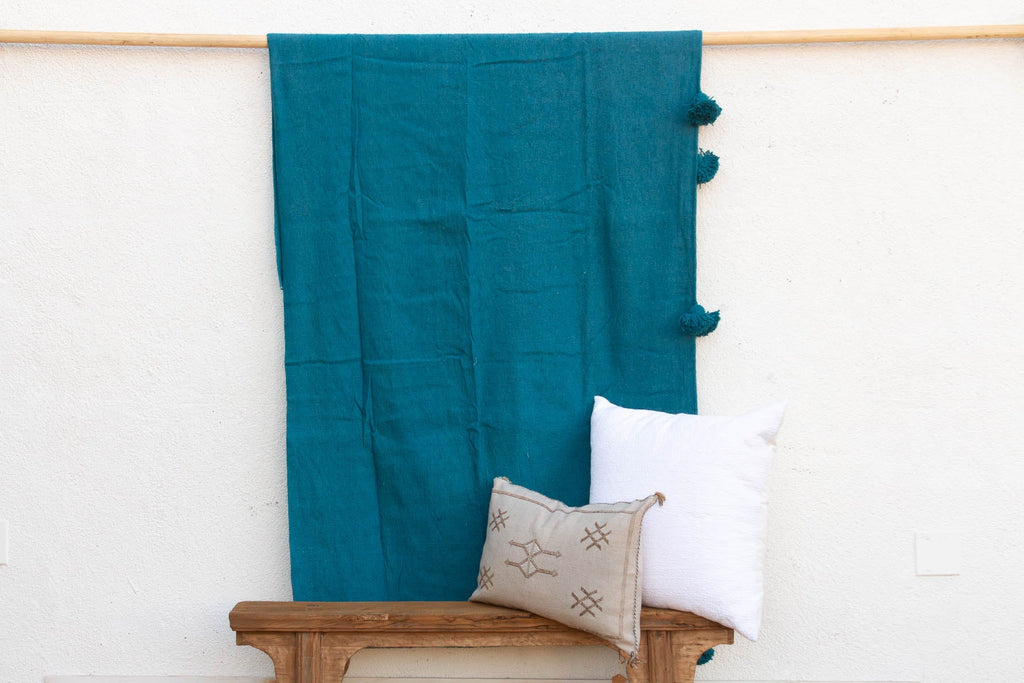 Peacock Blue Moroccan Pom Pom Blanket